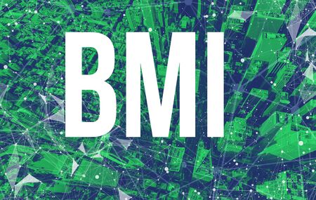 Brain-Machine-Interface BMI theme with abstract network patterns and Manhattan NY skyscrapersの写真素材