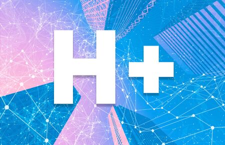 Humanity Plus theme with abstract network patterns and skyscrapersの写真素材