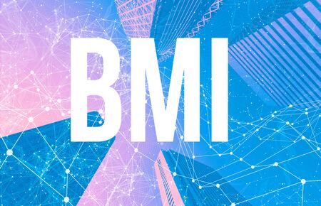Brain-Machine-Interface BMI theme with abstract network patterns and skyscrapersの写真素材