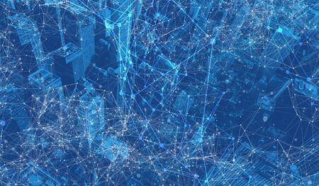 Technology screen with abstract network patterns and skyscrapersの写真素材