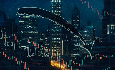 Stock market crash theme with Chicago skyscrapers at nightの写真素材