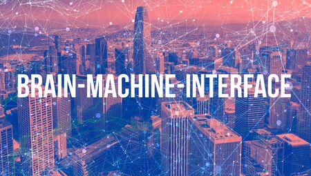 Brain-Machine-Interface theme with abstract network patterns and downtown San Francisco skyscrapers
