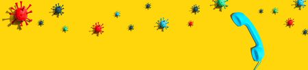 Telehealth theme with virus and telephone - flatlayの写真素材