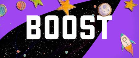 Boost theme with space background with a rocket, moon, stars and planetsの写真素材