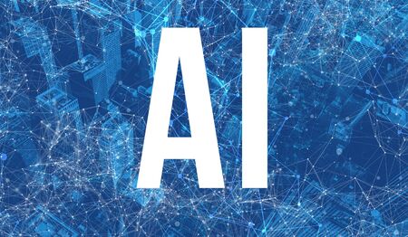 Artificial Intelligence AI theme with abstract network patterns and skyscrapers