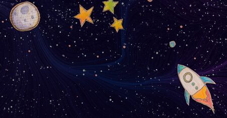 Space background with a rocket, moon, and stars
