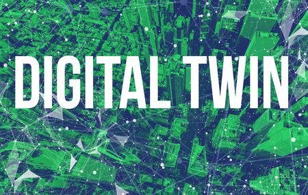 Digital Twin theme with abstract network patterns and Manhattan NY skyscrapersの写真素材