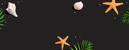 Summer concept with starfish and seashells overhead view - flat layの写真素材