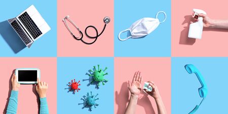 Telehealth and telemedicine theme flatlay design with overhead tilesの写真素材