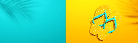 Flip flops with palm leaf shadow - flat layの写真素材