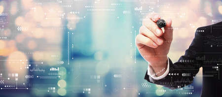 Technology screen with businessman on blurred abstract backgroundの写真素材