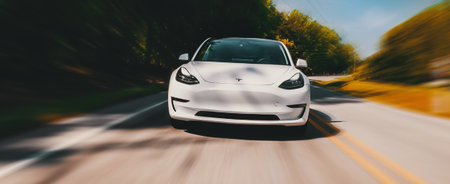 RALEIGH, NC USA, APRIL 17, 2020: A new Tesla Model 3 all electric vehicle driving down a country roadのeditorial素材
