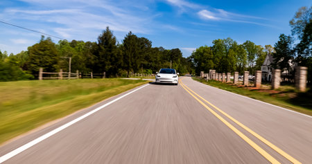 RALEIGH, NC USA, APRIL 17, 2020: A new Tesla Model 3 all electric vehicle driving down a country roadのeditorial素材