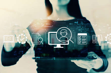 Document management system concept with businesswoman on a city background