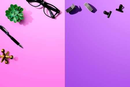 Office supplies and a plant - flat lay
