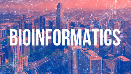 Bioinformatics theme with abstract network patterns and downtown San Francisco skyscrapersの写真素材