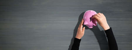 Person depositing money in a pink piggy bankの写真素材