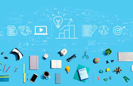 Content marketing concept with collection of electronic gadgets and office supplies