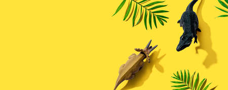 Tyrannosaurus and triceratops figures with shadow - flat lay