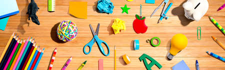 Collection of school supplies overhead view - flat lay