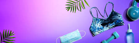Fitness set and a facial mask - flat layの写真素材