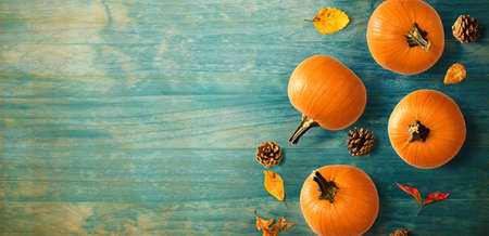 Autumn pumpkins with leaves - overhead view flat lay