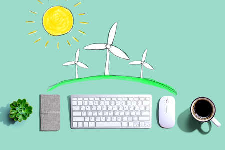 Windmills theme with a computer keyboard and a mouseの写真素材
