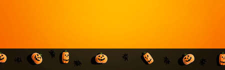Miniature Halloween pumpkin ghosts with spiders - flat layの写真素材