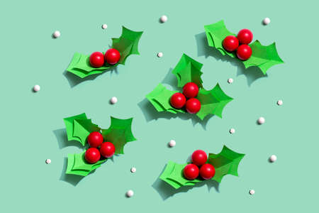 Christmas holly berries - Paper craft - flat lay