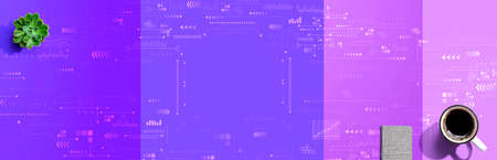 Technology screen with a cup of coffee and a notebookの写真素材