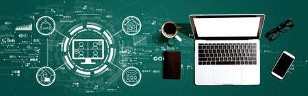 Online meeting theme with a laptop computer on a desk