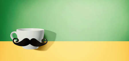A cup of coffee with a paper mustache - flat lay