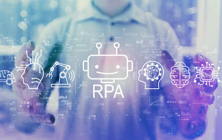 Robotic Process Automation RPA theme with young man holding his handsの写真素材
