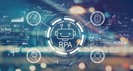 Robotic Process Automation RPA theme with blurred city abstract lights backgroundの写真素材