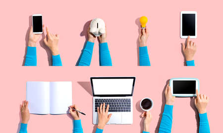 Technology devices and office supplies from aboveの写真素材