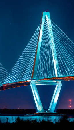 Cooper River Bridge at night in Charleston, South Carolinaの写真素材