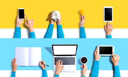 Technology devices and office supplies from above