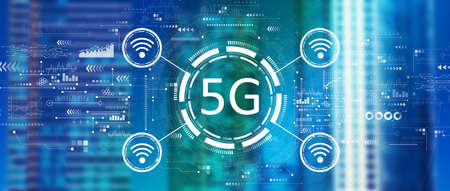 5G network with downtown skyline buildings in the nightの写真素材