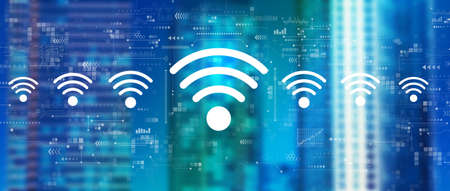 Wifi theme with downtown skyline buildings in the night
