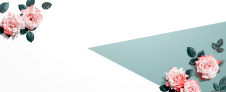 Pink roses with green leaves overhead view - flat layの写真素材