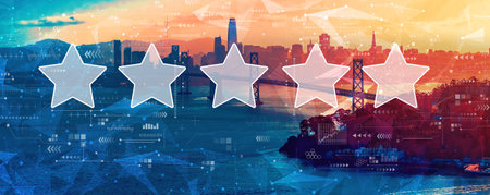Rating star concept with aerial view of the Bay Bridge in San Franciscoの写真素材