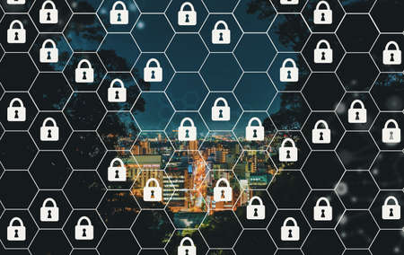 Cyber security with aerial view of city at night