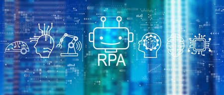 Robotic Process Automation theme with downtown skylineの写真素材
