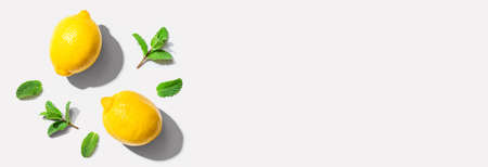 Fresh yellow lemons with mints overhead viewの写真素材