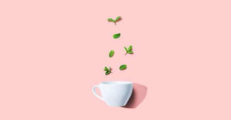 Fresh mints with tea cup overhead viewの写真素材