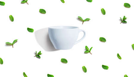 Fresh mints with tea cup overhead viewの写真素材