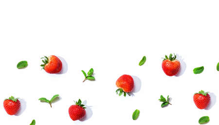 Fresh red strawberries with mints overhead viewの写真素材