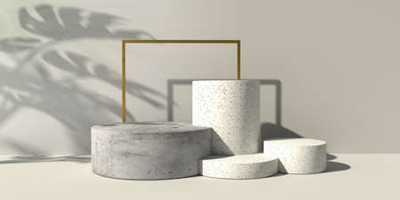 3D render of minimal podiums and geometric shapes with shadow of the tropical plants