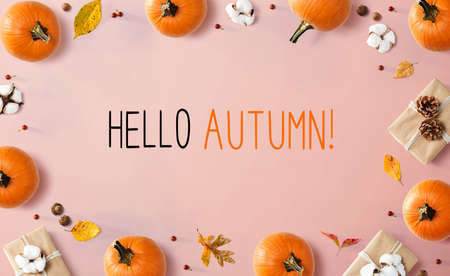 Hello autumn message with autumn pumpkins with present boxesの写真素材