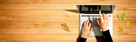 Autumn leaves with person using a laptop computerの写真素材